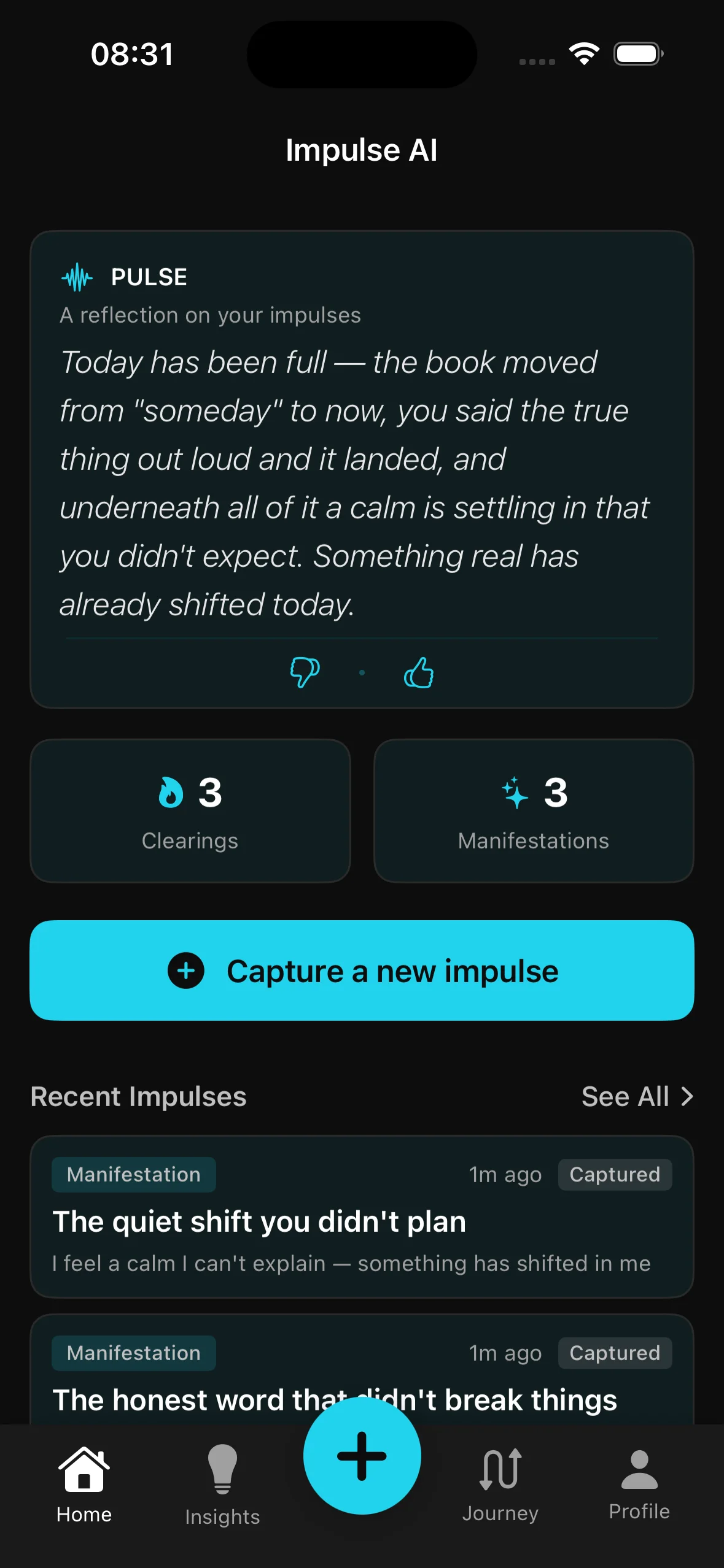 Impulse AI home screen showing daily Pulse reflection, 3 clearings and 3 manifestations, and recent impulse list