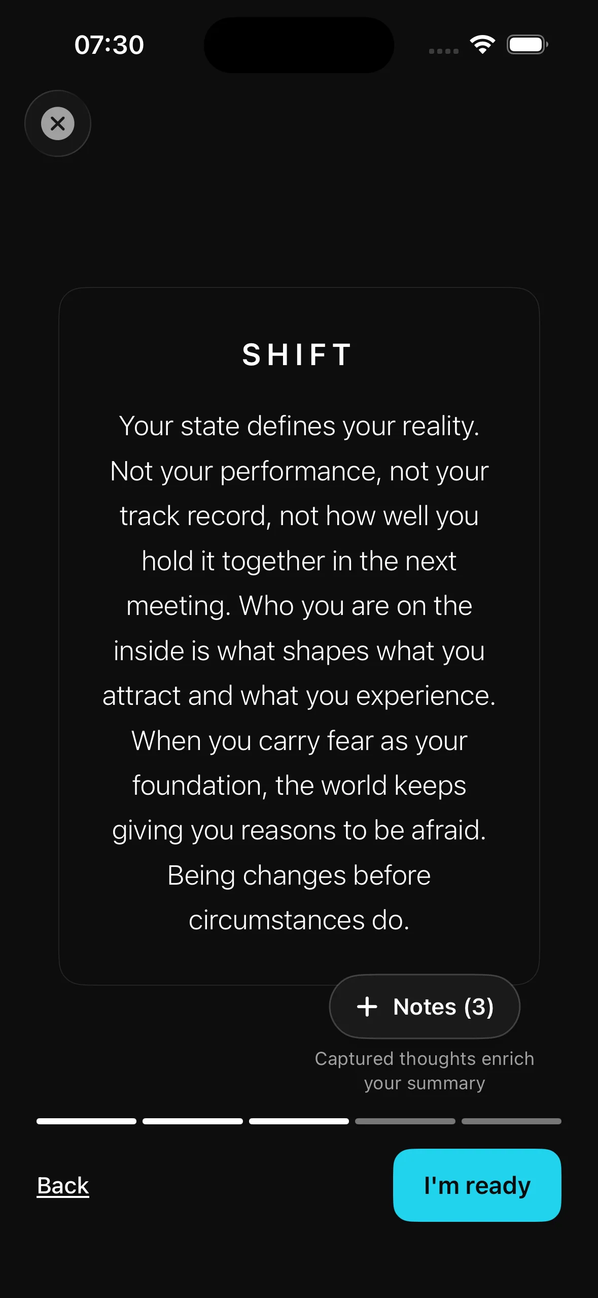 Guided session step: Your state defines your reality — personalized AI guidance mid-transformation